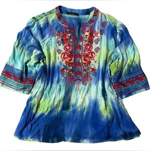 Calessa Embroidered Tunic Top Size 2X Colorful Tie Dye Bohemian Peasant Rayon